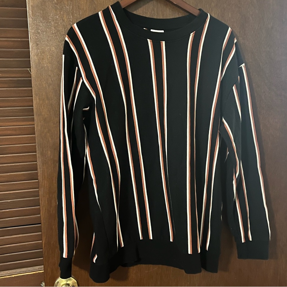 Zara Men's Black Sweater with Burnt Orange and White Stripes XL